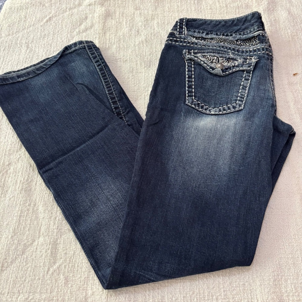 Maurices Premium Bootcut Jeans Dark Wash Rhinestone Embellished 9/10 Long Y2K